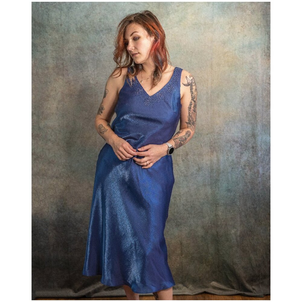 Vintage David's Bridal Metallic Blue Shift Midi Dress - Size 12 - Dress Only